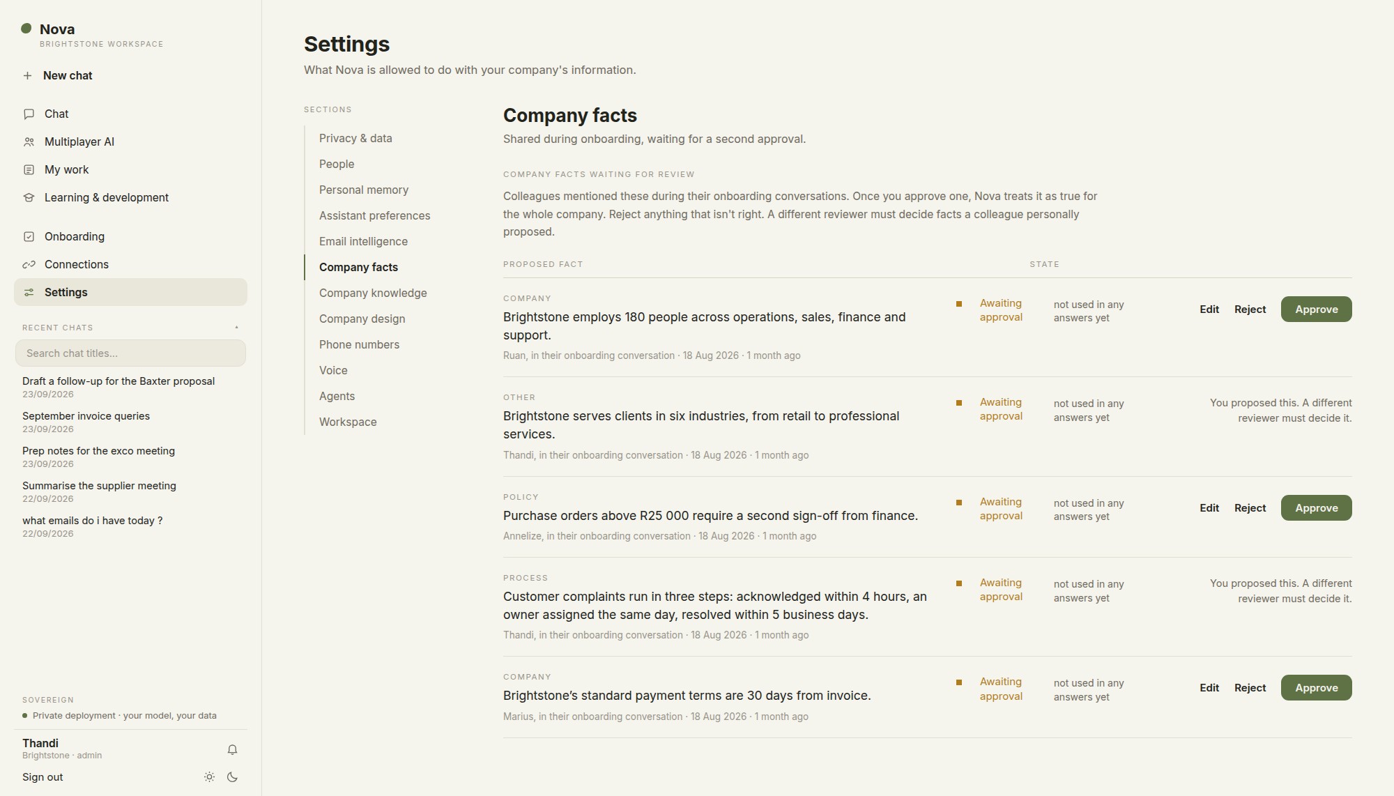 Settings · Company facts in the domayne workspace